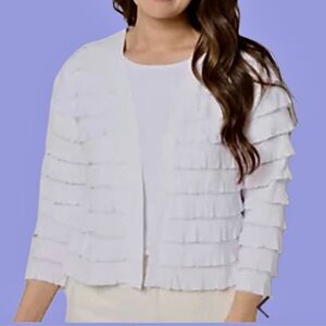 NWT Susan Graver Whitw Ruffled Tiered 3/4 Sleeve Shrug Jacket / XL